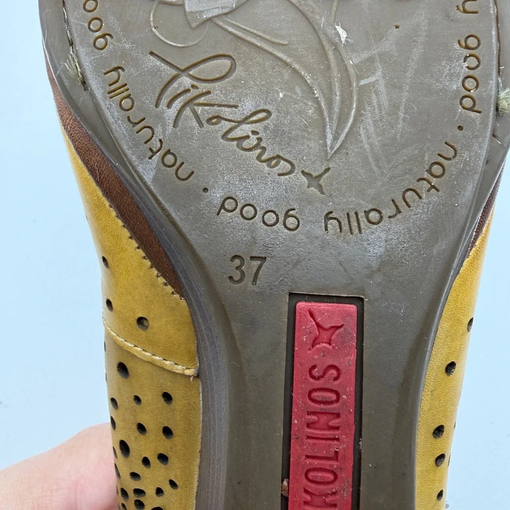 Pikolinos Wedge Pumps Womens 37 US 6.5-7 Yellow Leather Laser Cut Boho Slip On